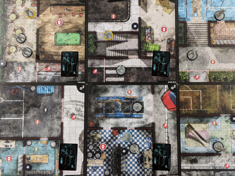 The main game board is made up of six gang dens, which are replaced as the game goes on with more detailed and difficult encounters.